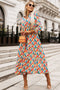 Multi-Color Abstract Geometric Print Long Sleeve High Waist Dress